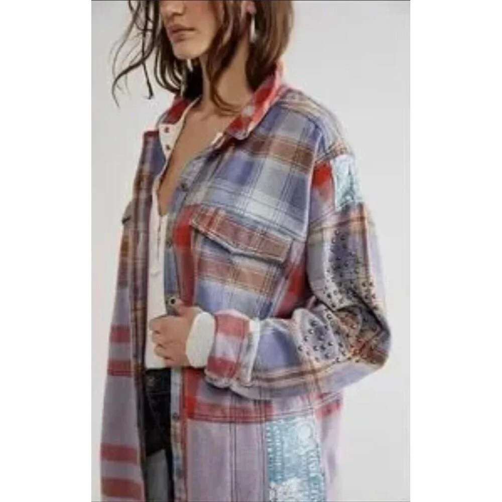 Free People We The Free Flannel Painted Hills Maxi Shirt Top Oversized S 285336
